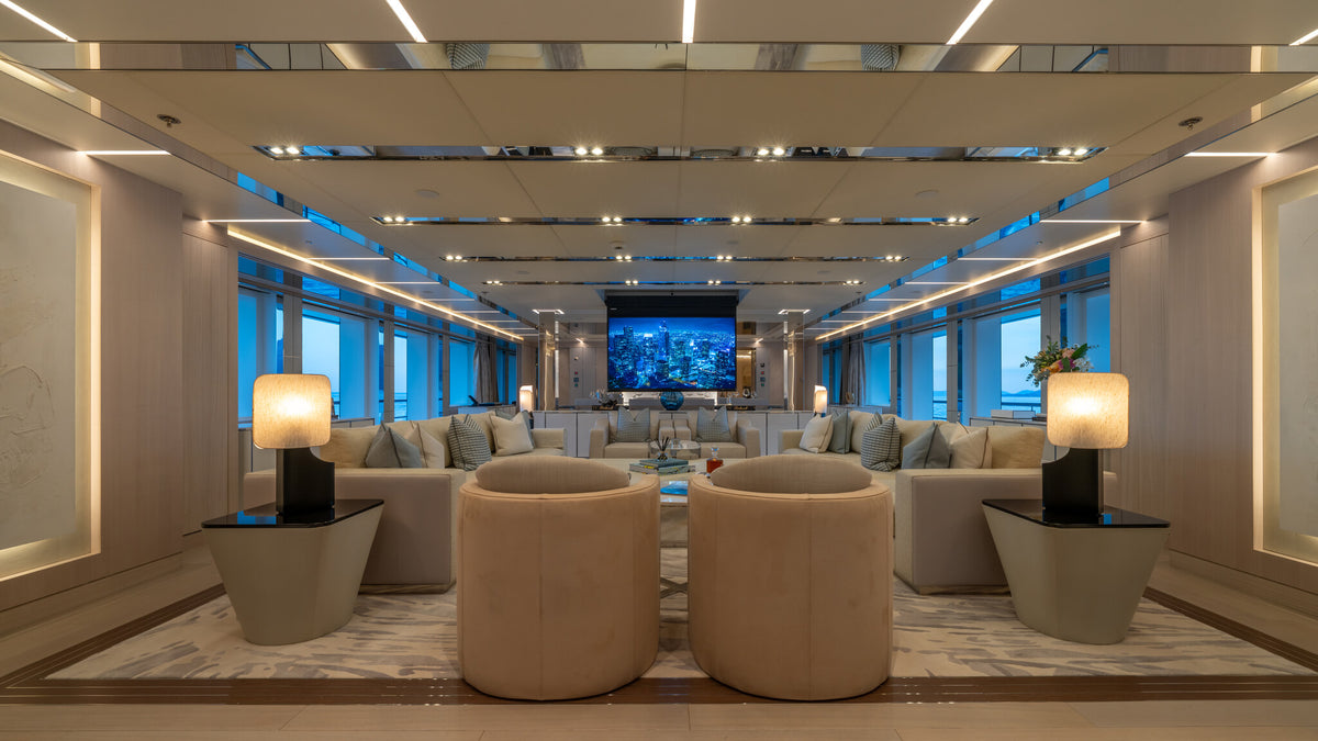 Al Reem main saloon seen from aft, lounge seating and screen wall