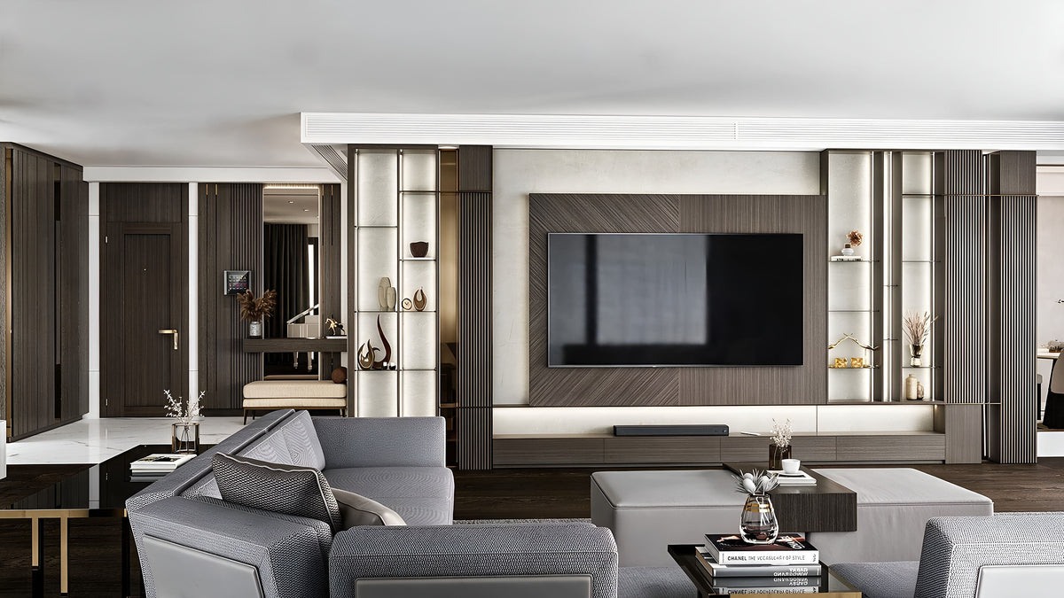 Television lounge with bookmatched veneer panel and backlit shelving, Yalı Ataköy penthouse, Istanbul