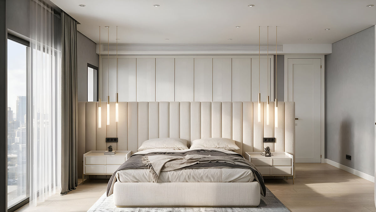 Bedroom with channel-tufted headboard and brass pendant lighting overlooking the city, Yalı Ataköy, Istanbul