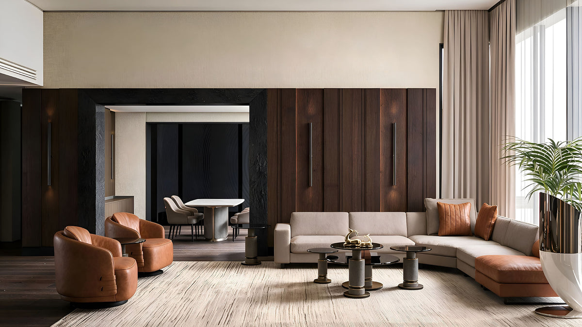 Living room with cream sectional sofa and tan leather swivel armchairs against walnut panelling, Büyükçekmece villa by Sit Design