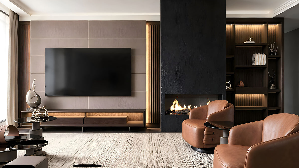 Television wall with upholstered panels and black stone fireplace, Folkart Nefes villa, Büyükçekmece, Istanbul