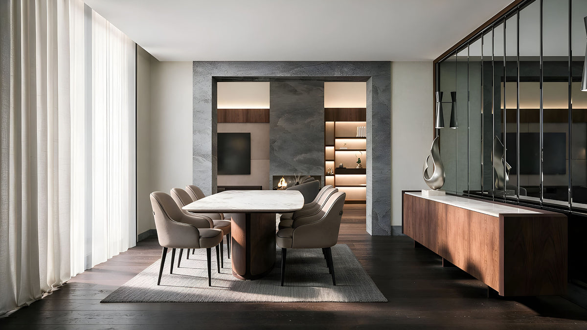 Dining room with oval marble table, taupe leather chairs and walnut sideboard, Büyükçekmece villa, Istanbul