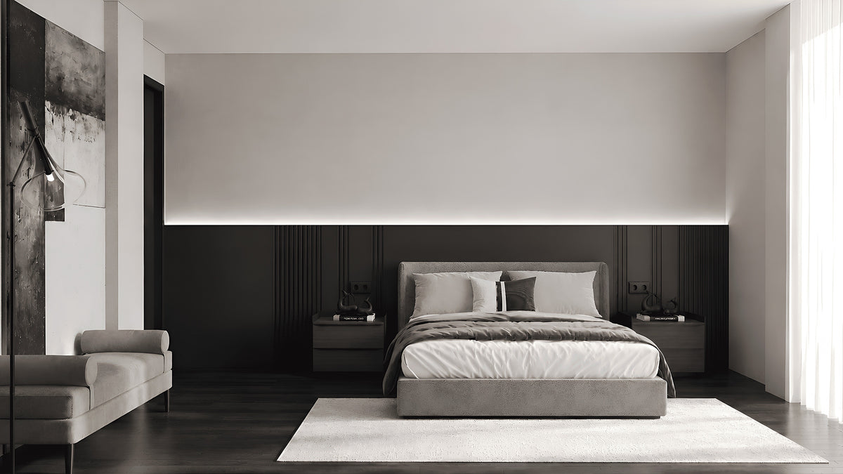 Bedroom in charcoal and grey upholstery with upholstered bench, Büyükçekmece villa furnished by Sit Design