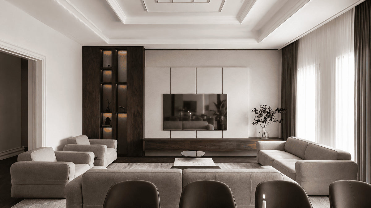 Living room with cream leather seating group and plaster-panelled media wall, Göl İstanbul villa
