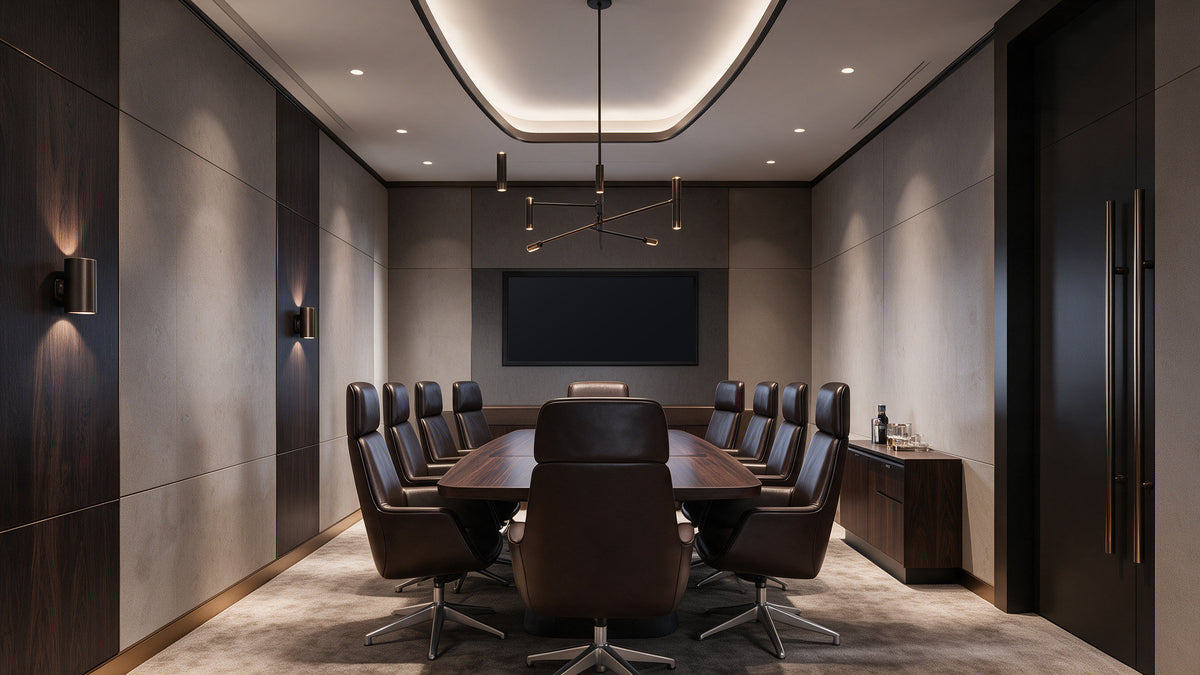 Boardroom with high-back leather chairs around a walnut table and panelled walls, Radisson Blu Leogrand
