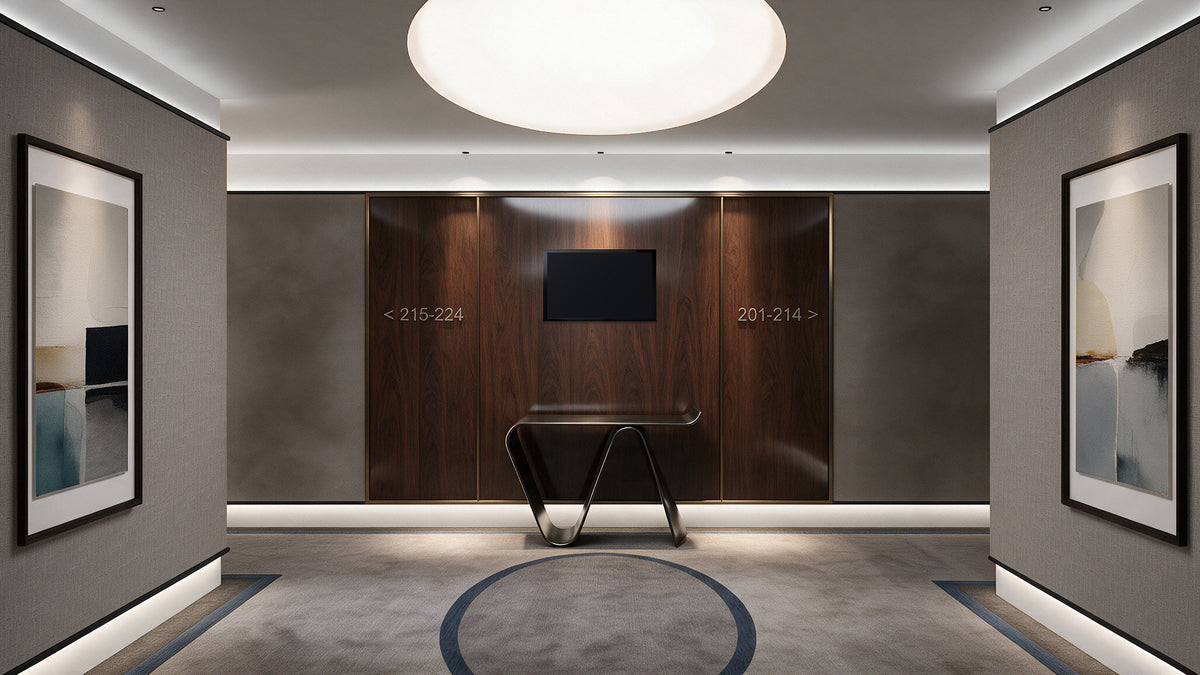 Guest-floor corridor with walnut panelling and a sculptural console table, Radisson Blu Leogrand
