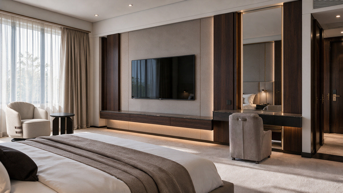 Guest room with walnut media wall, upholstered dressing chair and bouclé armchair, Radisson Blu Leogrand