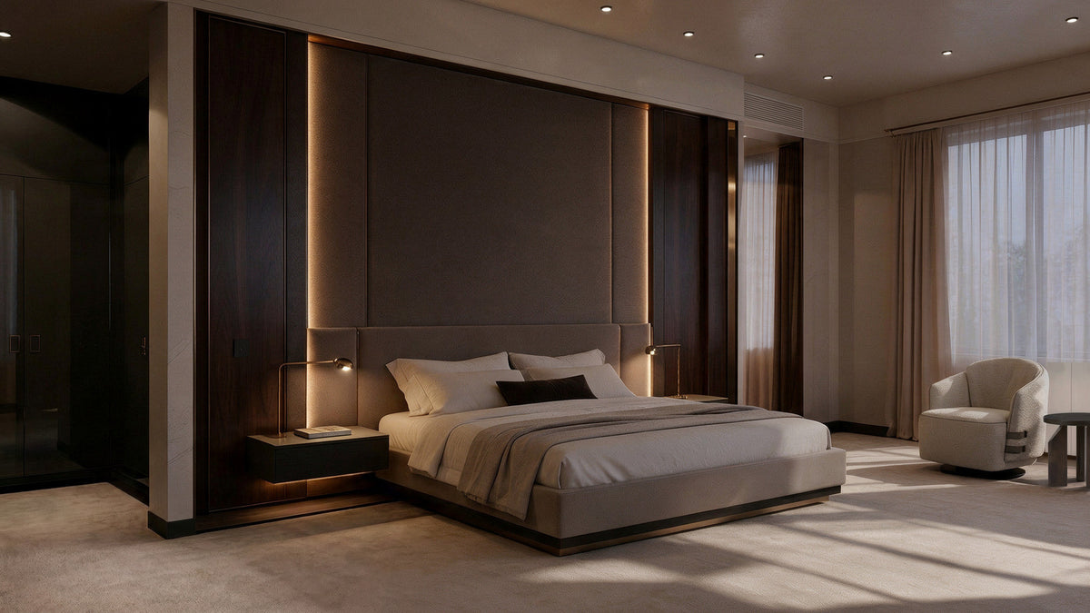 Guest room with upholstered bed, full-height headboard wall and swivel armchair, Radisson Blu Leogrand