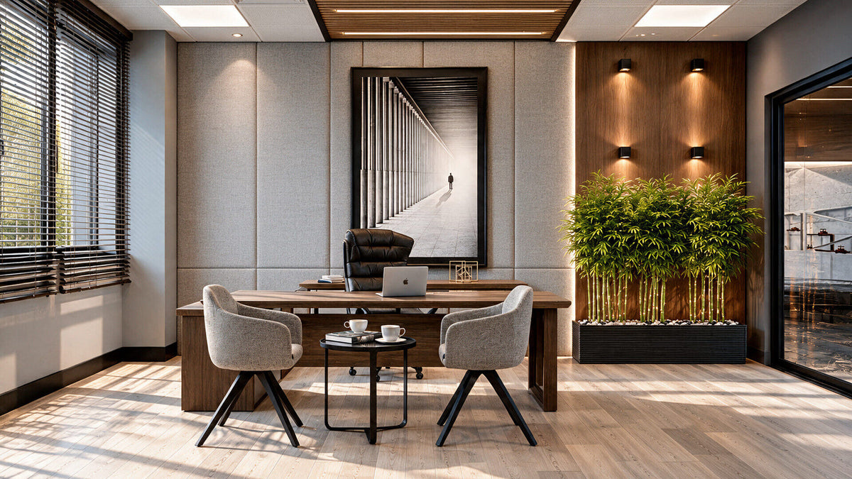 Sanel Asansör executive office with walnut desk and bamboo planting — Sitdesign