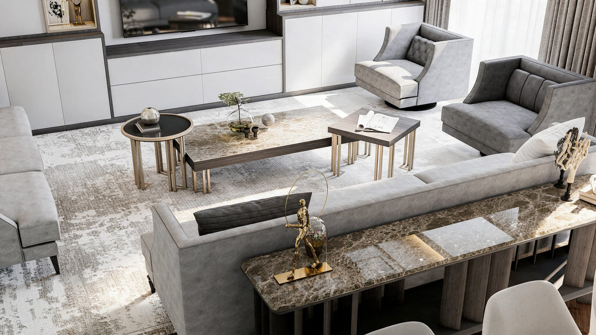Living area overview with grey sofas, coffee table and console, West Marina Residence