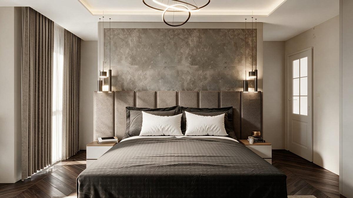 Master bedroom with upholstered headboard and bench, West Marina Residence