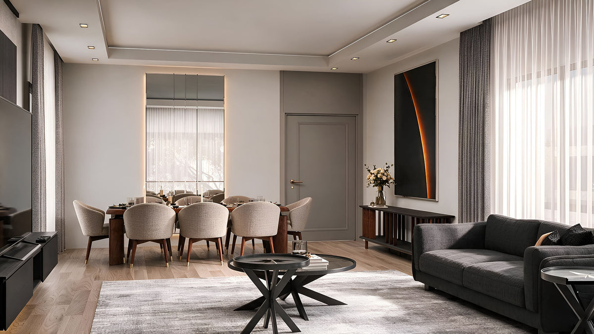 Open-plan living and dining room with walnut Mushroom table and charcoal seating, Yeşilyaka Su villa