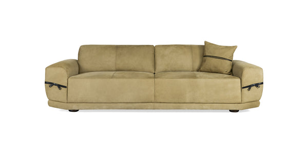 Claudia sofa in olive nubuck leather with zip details on the arms and a scatter cushion, front view