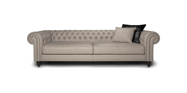 Edward Chesterfield sofa in taupe leather, button-tufted, rolled arms, scatter cushions, front view