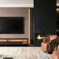 Bespoke TV wall with fireplace and leather armchairs