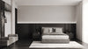 Bedroom with a tall upholstered headboard in grey tones