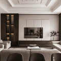 Living room with a cream leather seating group and a plaster-panelled media wall at the Göl İstanbul villa