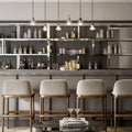 Curated open shelving above a bar counter