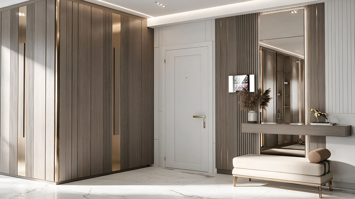 Entrance hall with fluted oak panelling, full-height mirror and upholstered bench, Yalı Ataköy penthouse, Istanbul