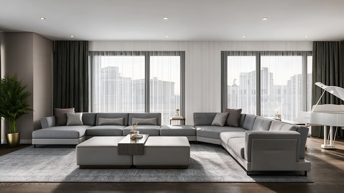 Living room with Semerkand corner sectional sofa facing the sea windows, Yalı Ataköy residence, Istanbul