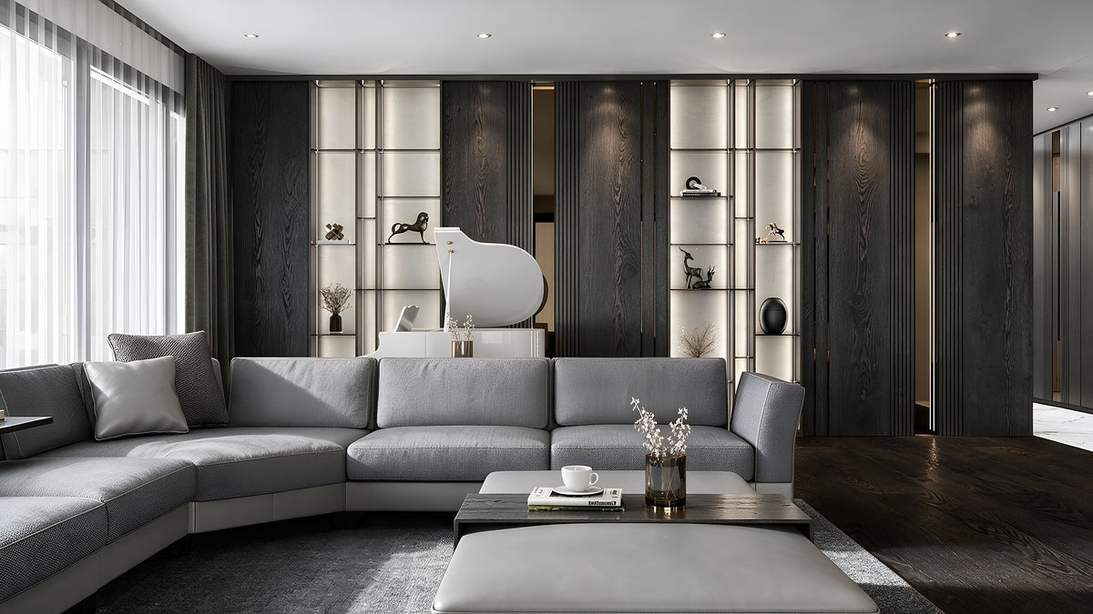 Living room with smoked oak panelling, lit display niches and grand piano, Yalı Ataköy penthouse by Sit Design