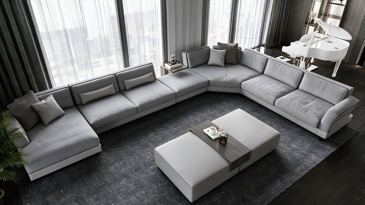 Semerkand modular sectional sofa and upholstered ottoman table seen from above, Yalı Ataköy residence, Istanbul