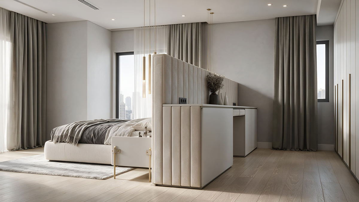 Bedroom with built-in dressing area and upholstered room divider, Yalı Ataköy residence, Istanbul