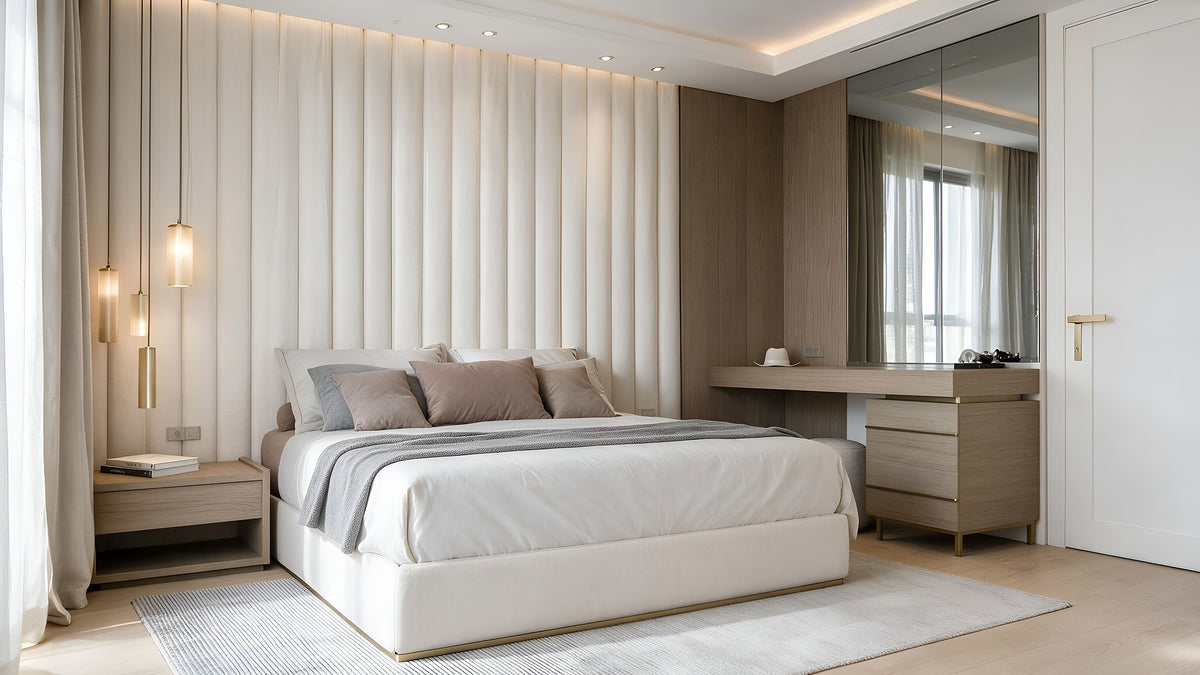 Bedroom in oak and cream upholstery with Bravo bed, Yalı Ataköy penthouse furnished by Sit Design