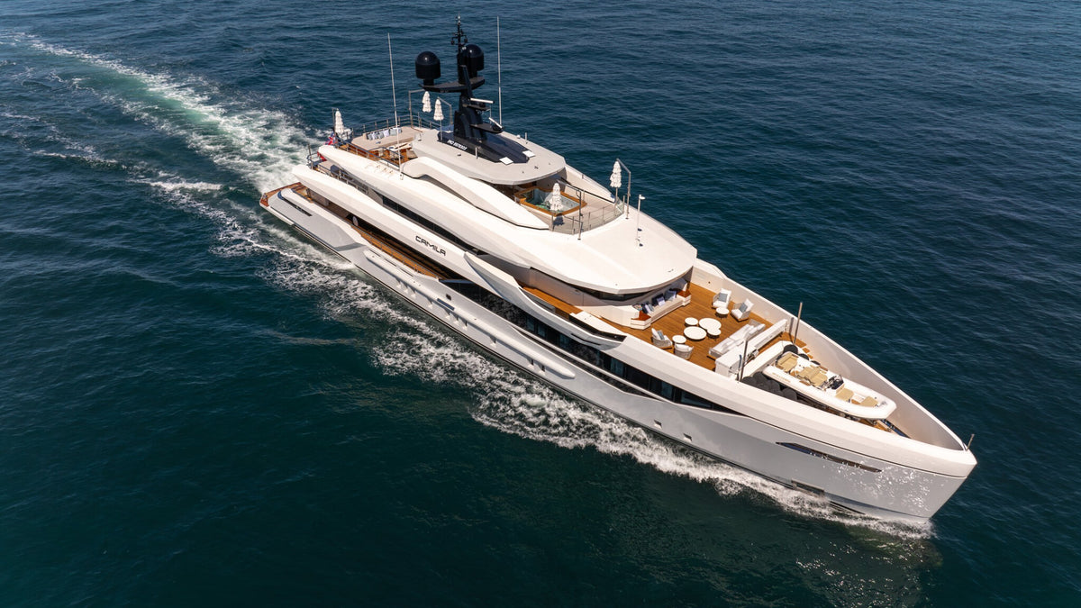 Aerial view of the superyacht CAMILA under way, Bilgin 163 series