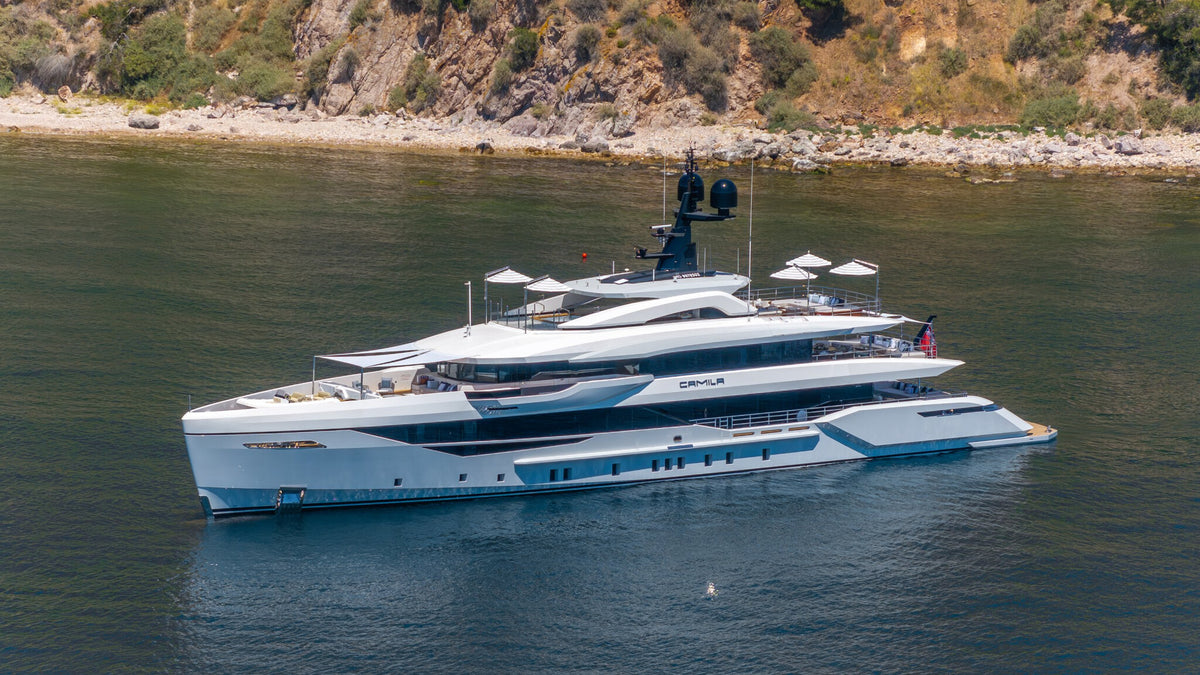 Superyacht CAMILA at anchor, sun deck and shaded seating by Sitdesign