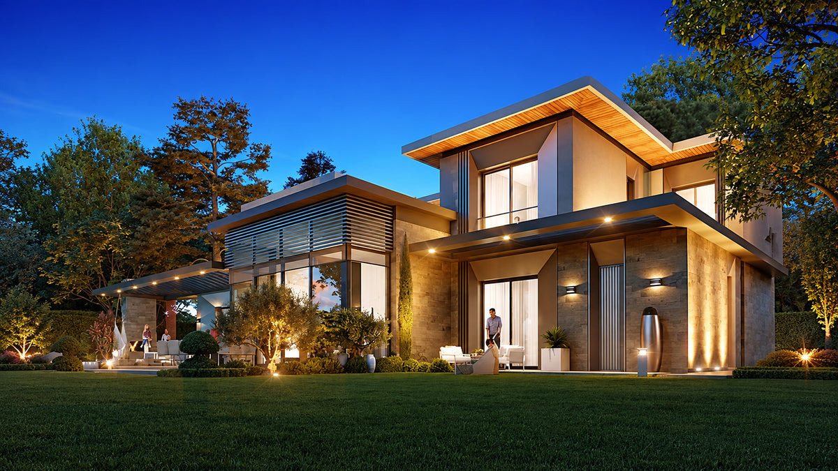 Detached villa at Folkart Nefes İstanbul, Büyükçekmece — exterior at dusk with garden and terrace