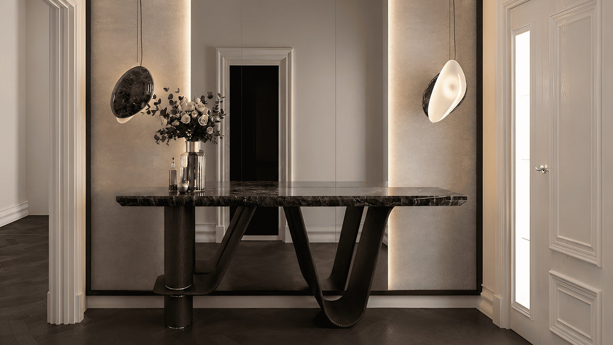 Entrance hall with black marble console, backlit stone panel and shell pendants, Göl İstanbul villa