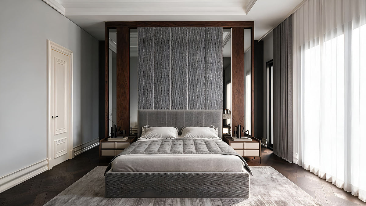 Bedroom with grey herringbone fabric headwall in a walnut frame, Göl İstanbul villa