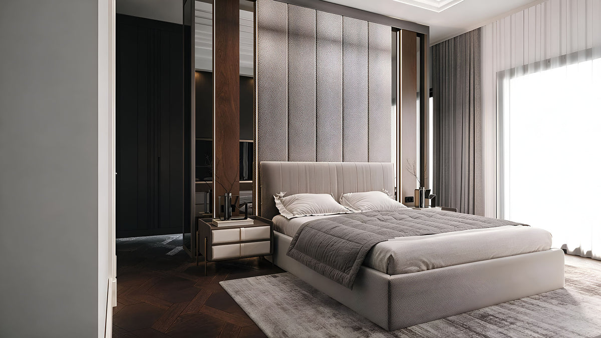 Bedroom with woven headwall panel, bronze reveals and cream leather bed, Göl İstanbul villa