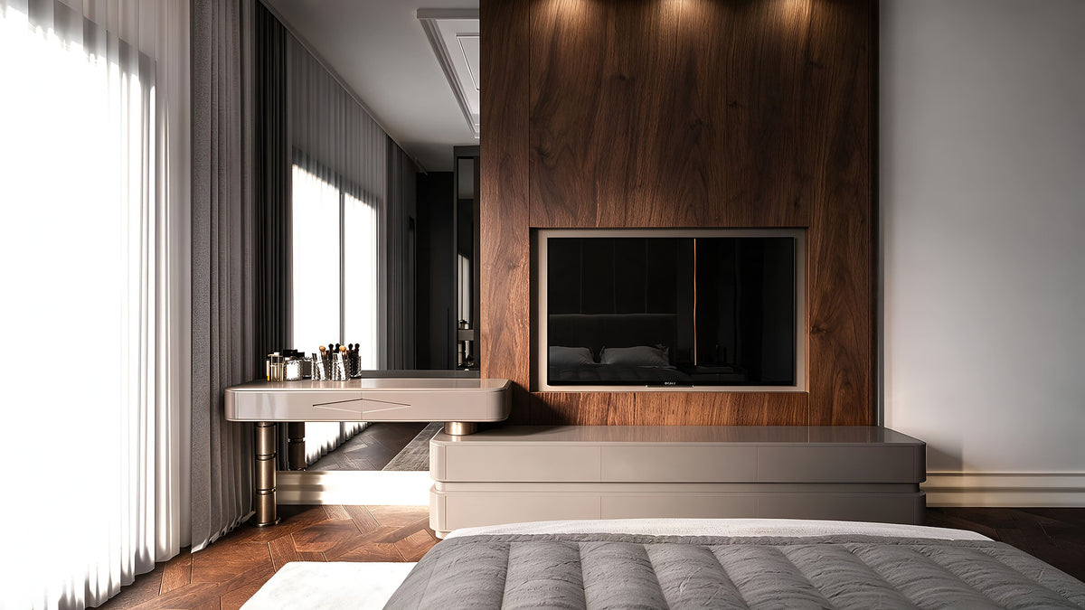 Bedroom dressing table and walnut television wall, Göl İstanbul villa