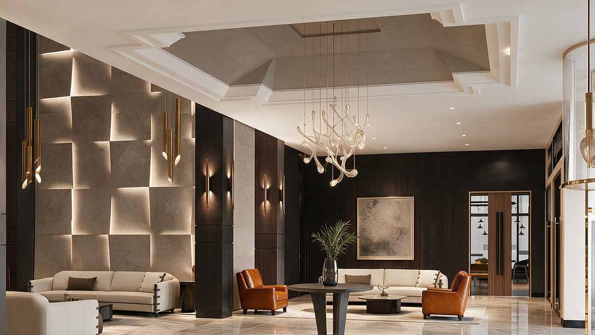 Hotel lobby with cream sofas, cognac leather armchairs and backlit stone wall panels, Radisson Blu Leogrand