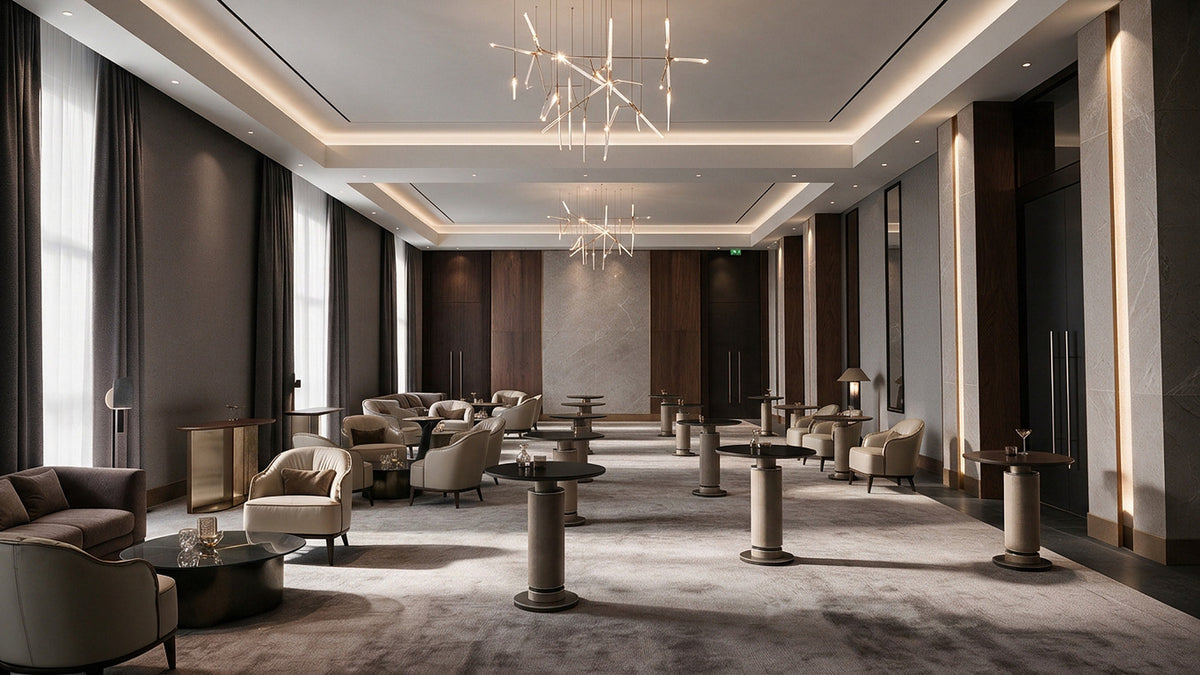 Event foyer with cream lounge chairs and upholstered high tables under linear chandeliers, Radisson Blu Leogrand