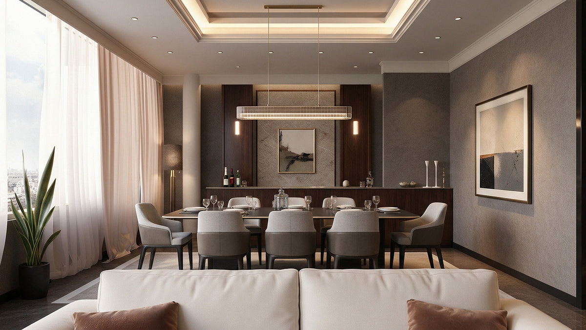 Suite dining room with upholstered dining chairs and walnut sideboard, Radisson Blu Leogrand