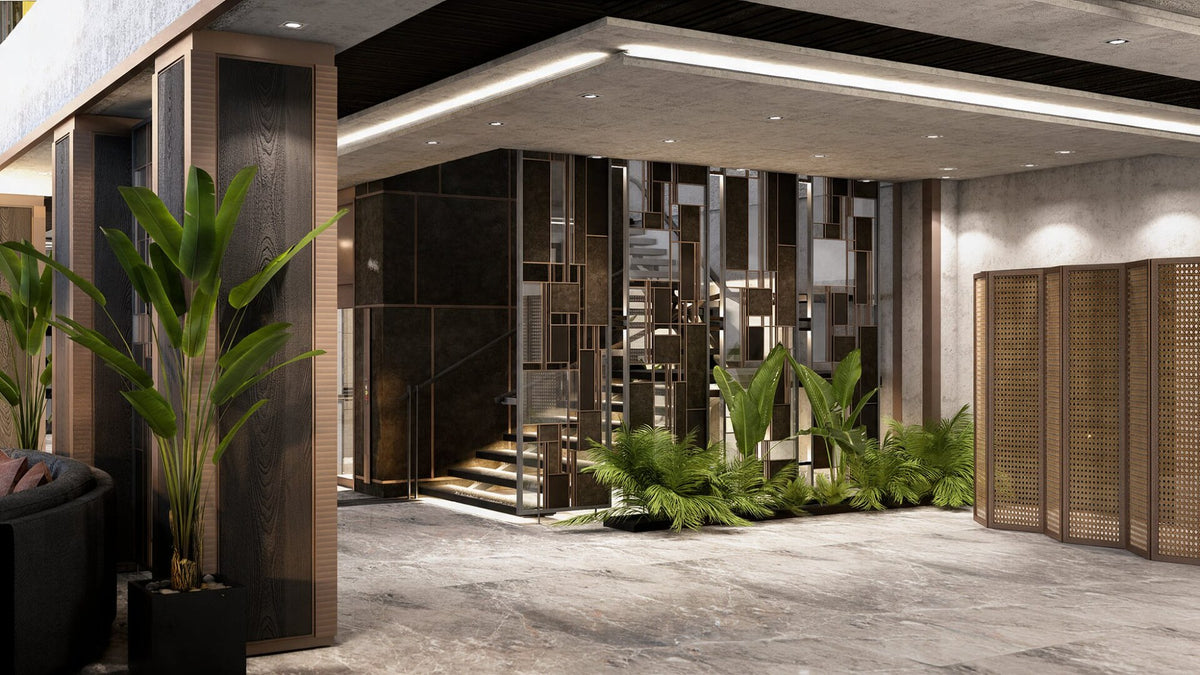 Sanel Asansör lobby with bronze screen wall, cane folding screen and planting — Sitdesign