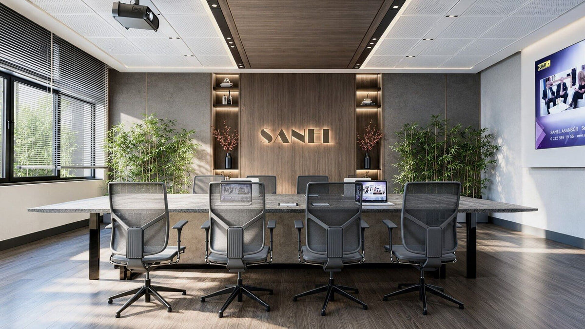 Sanel Asansör boardroom with backlit timber wordmark — Sitdesign