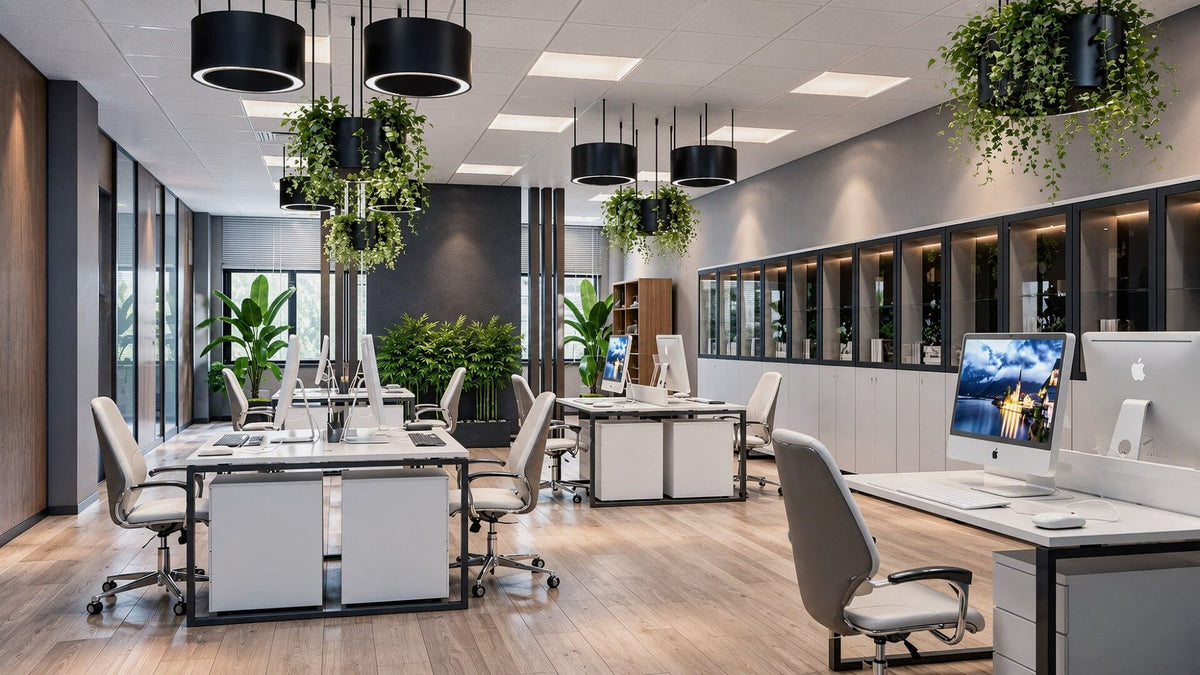 Sanel Asansör open-plan office with white desks and hanging planting — Sitdesign