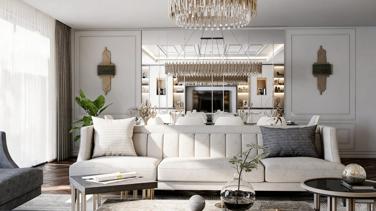 Living room with cream sofa and crystal chandelier, West Marina Residence