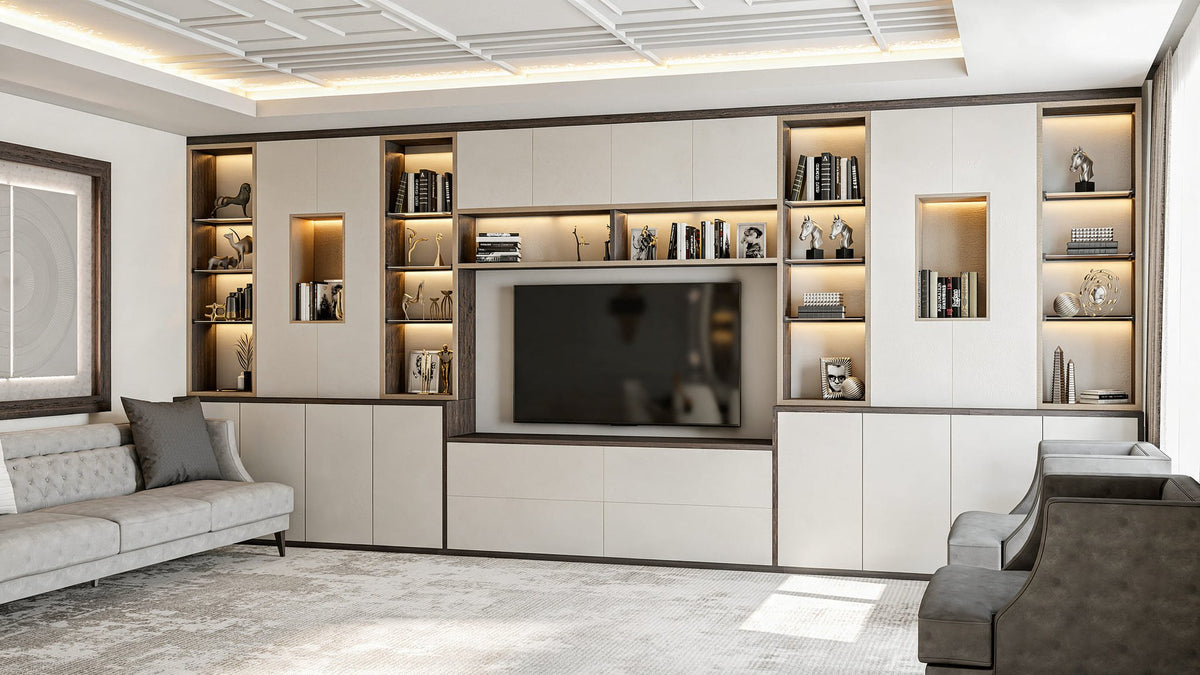 Custom TV unit with lit display shelving, West Marina Residence
