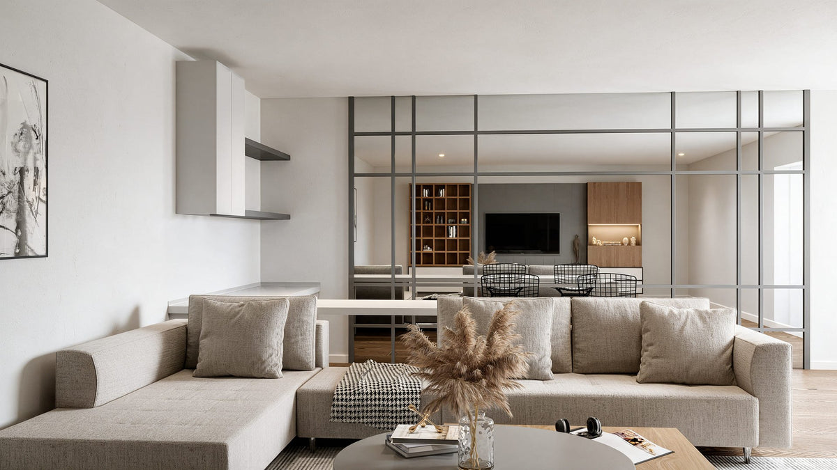 Sitting room with modular beige sectional sofa, West Marina Residence