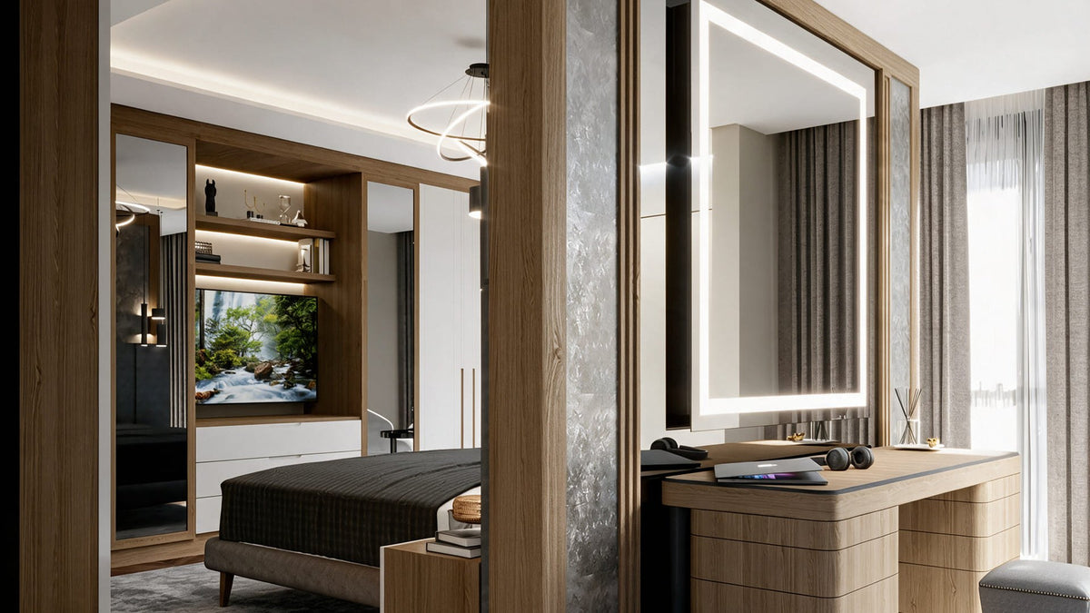 Dressing area with lit mirror and oak vanity, West Marina Residence