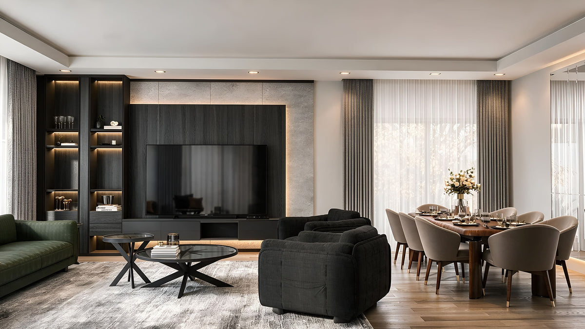 Living room with fitted Quinto media wall, olive leather sofa and Compasso coffee table, Yeşilyaka Su villa