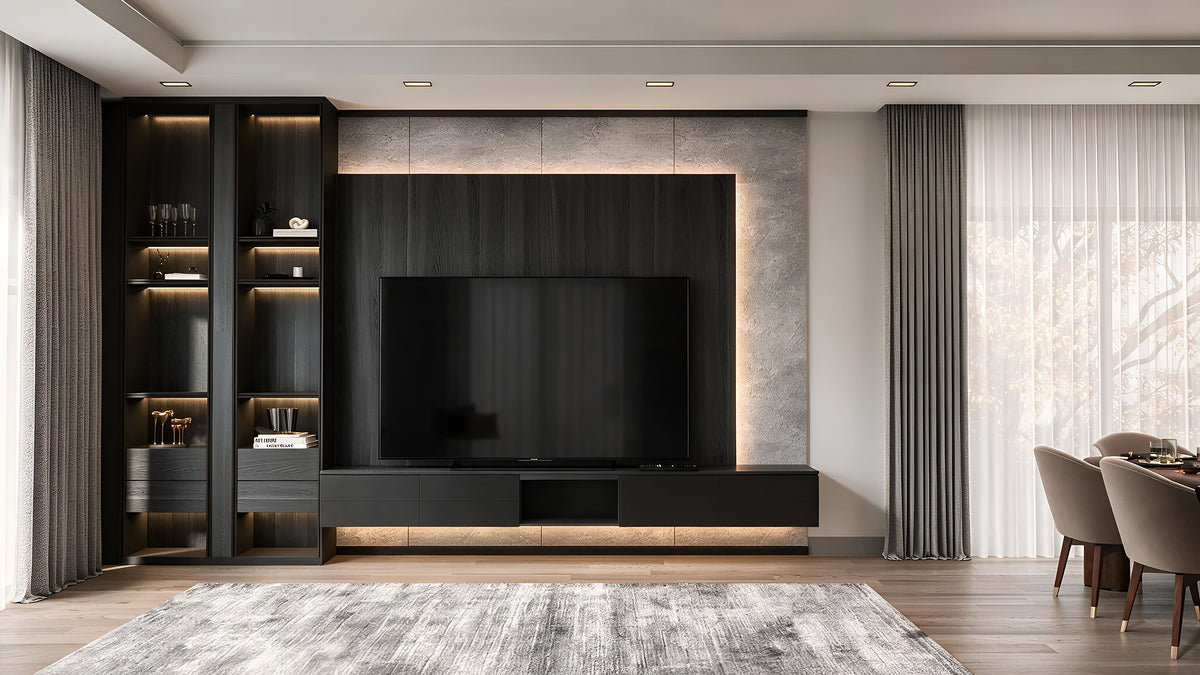 Black-stained oak media wall with lit display towers and stone frame, Yeşilyaka Su villa