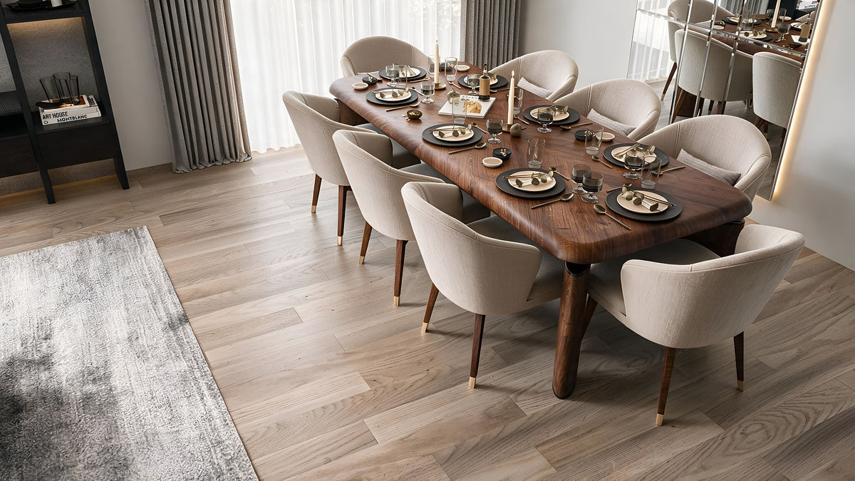 Mushroom walnut dining table with cream bouclé chairs and backlit mirror panel, Yeşilyaka Su villa