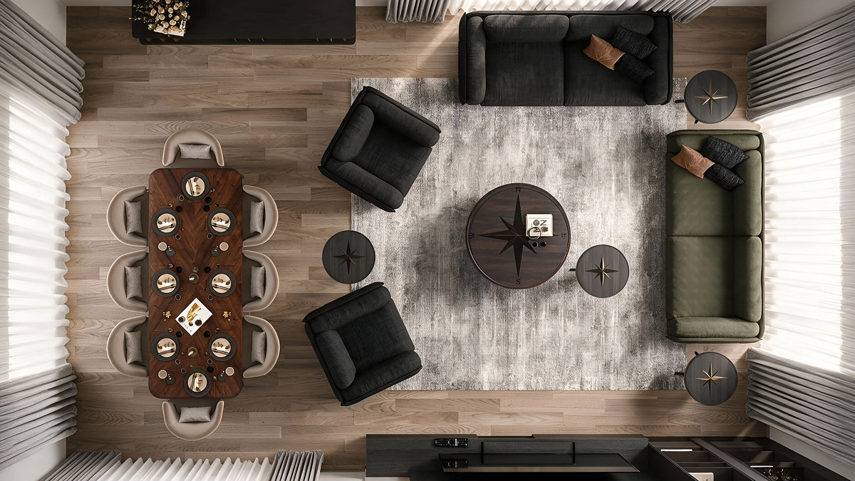 Overhead view of the living and dining layout with the Compasso table at its centre, Yeşilyaka Su villa