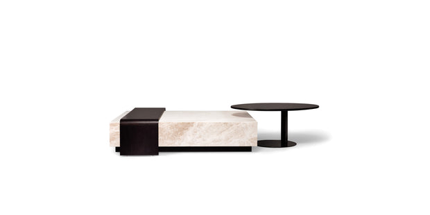 Tavolino Balance con fascia e piccolo tavolino rotondo, vista frontale